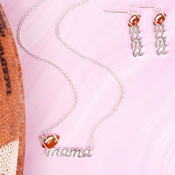 NWT BOUTIQUE   FOOTBALL 'MAMA' SILVERTONE NECKLACE AND EARRINGS SET - Picture 1 of 2
